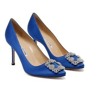 Monolo Blahnik Blue Satin Hangisi Crystal Buckle Pumps in Size 36.5